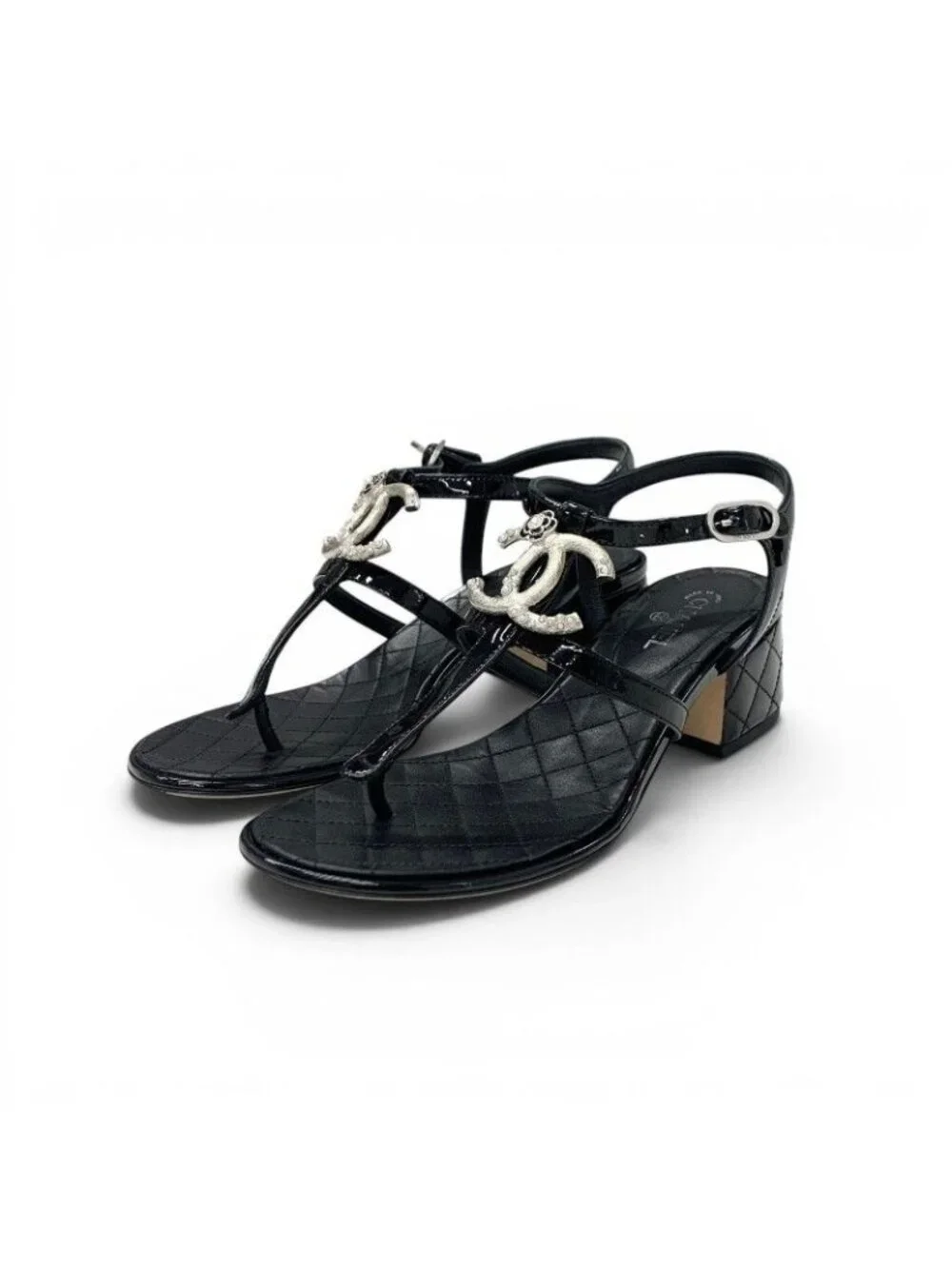 Chanel Sandals Shoes Patent Black Silver CC Logo Camellia Strap Thong
